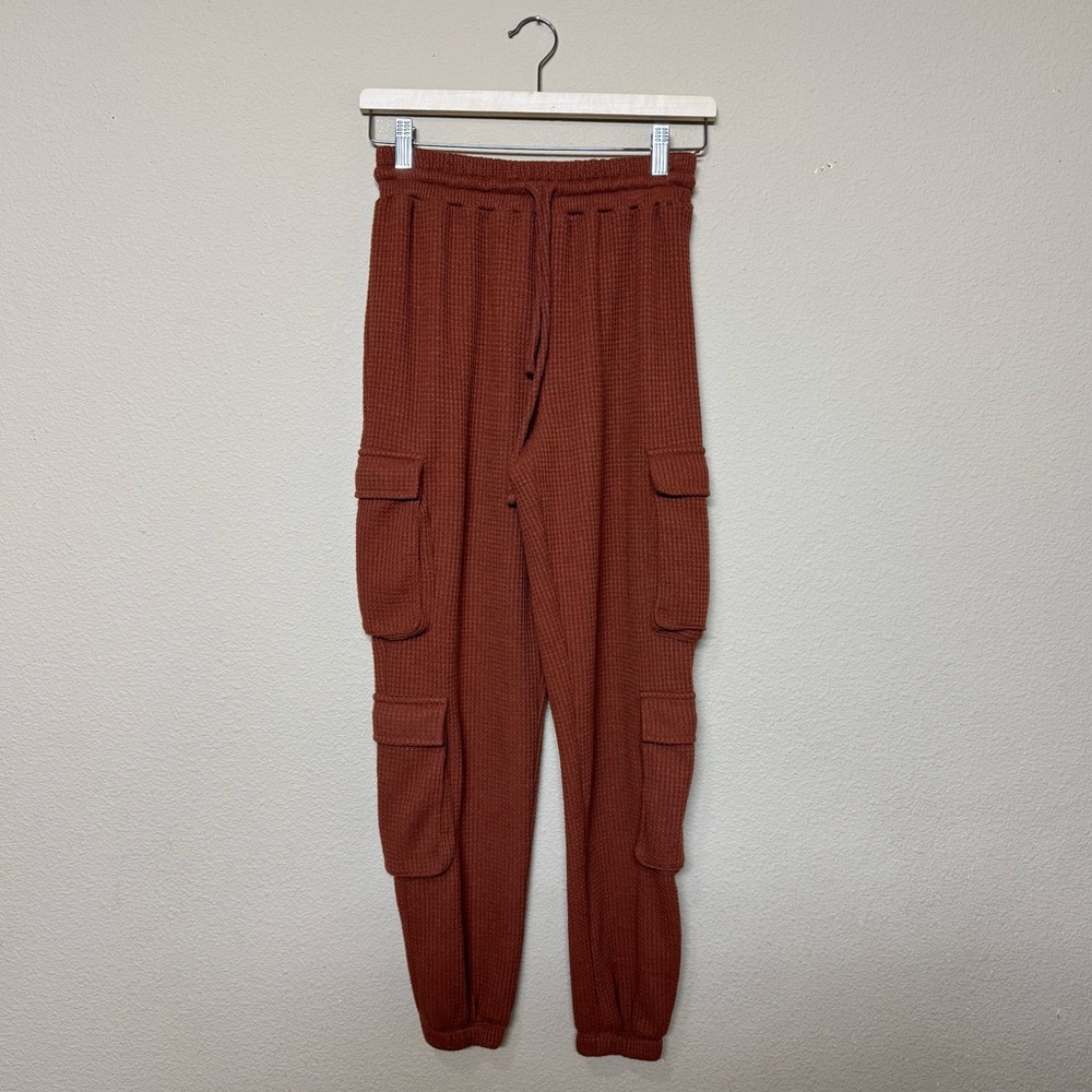 Forever 21 pants women small waffle knit cargo elastic waist joggers brown